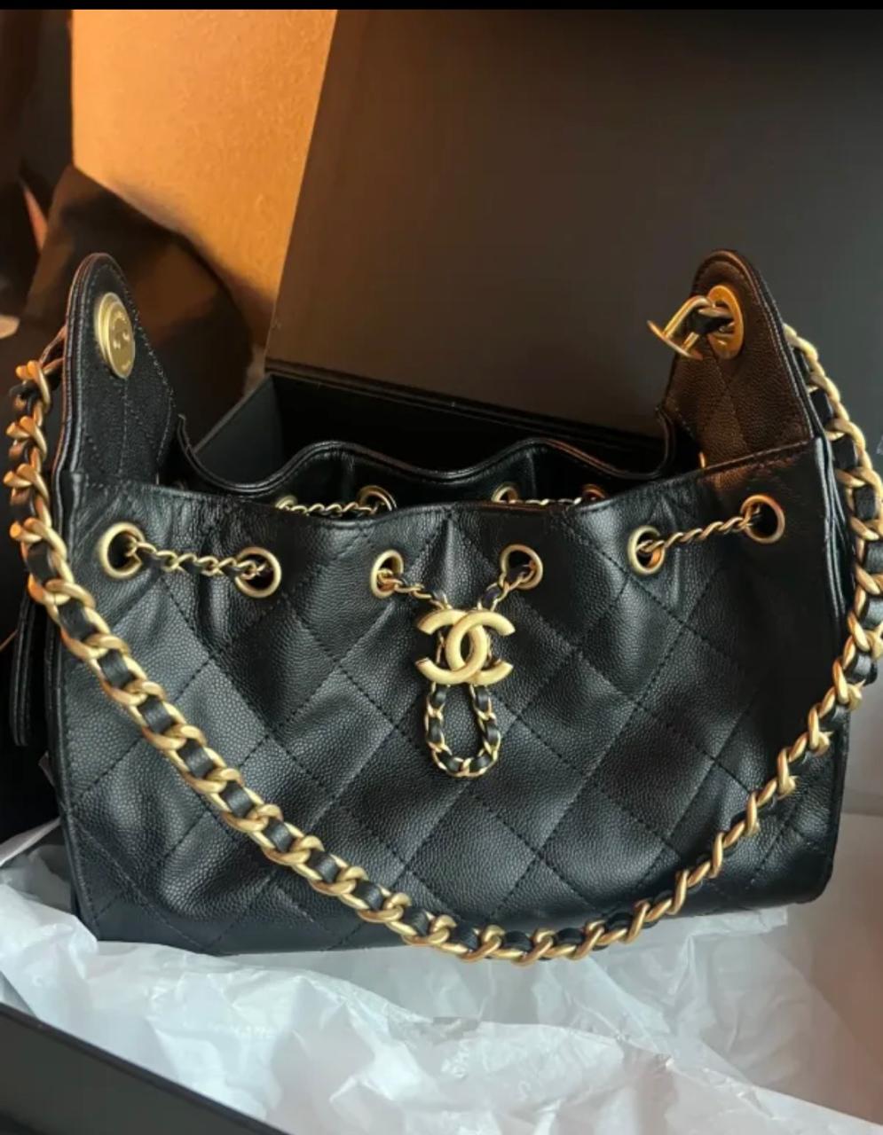 CHANEL Quilted Drawstring Bag with Chain