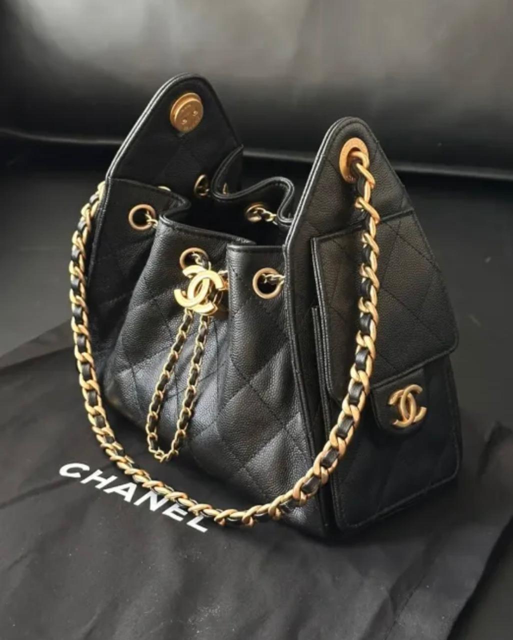 CHANEL Quilted Drawstring Bag with Chain