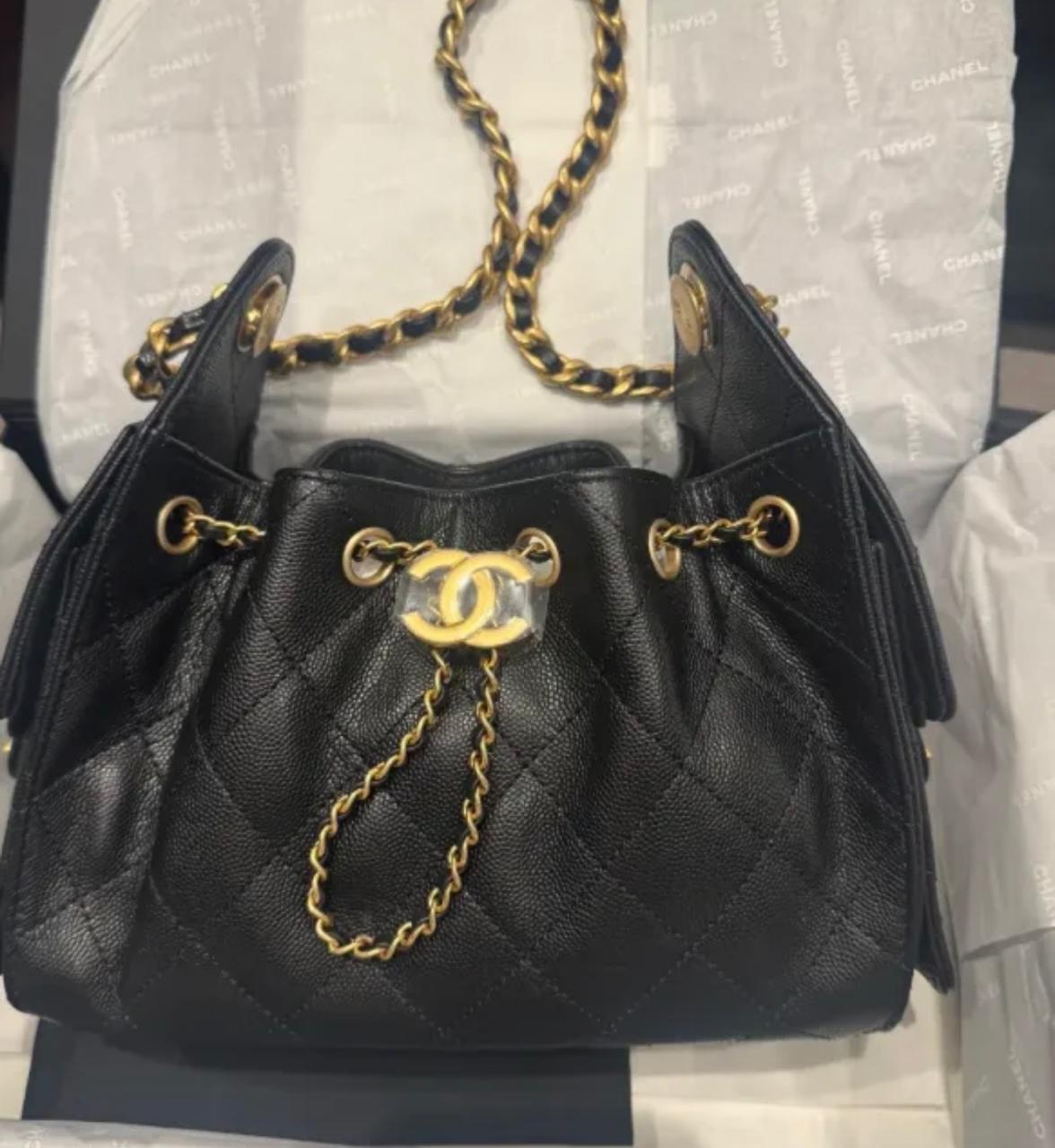 CHANEL Quilted Drawstring Bag with Chain
