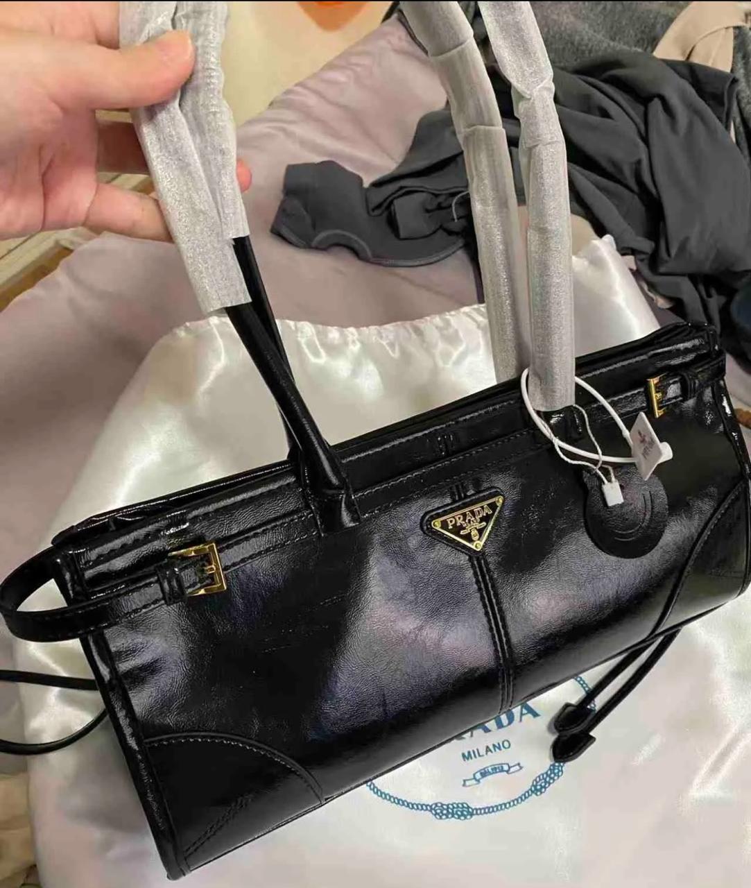Prada Black Leather Handbag with Top Handles & Shoulder Strap