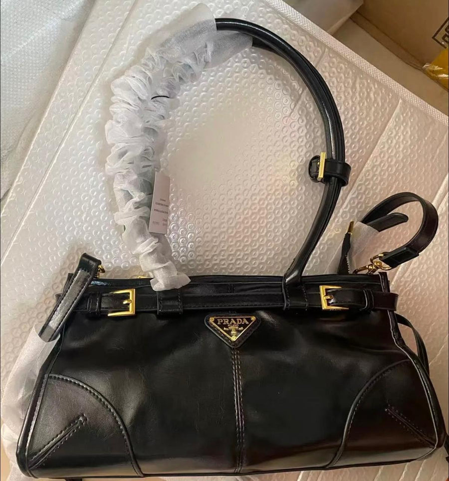 Prada Black Leather Handbag with Top Handles & Shoulder Strap