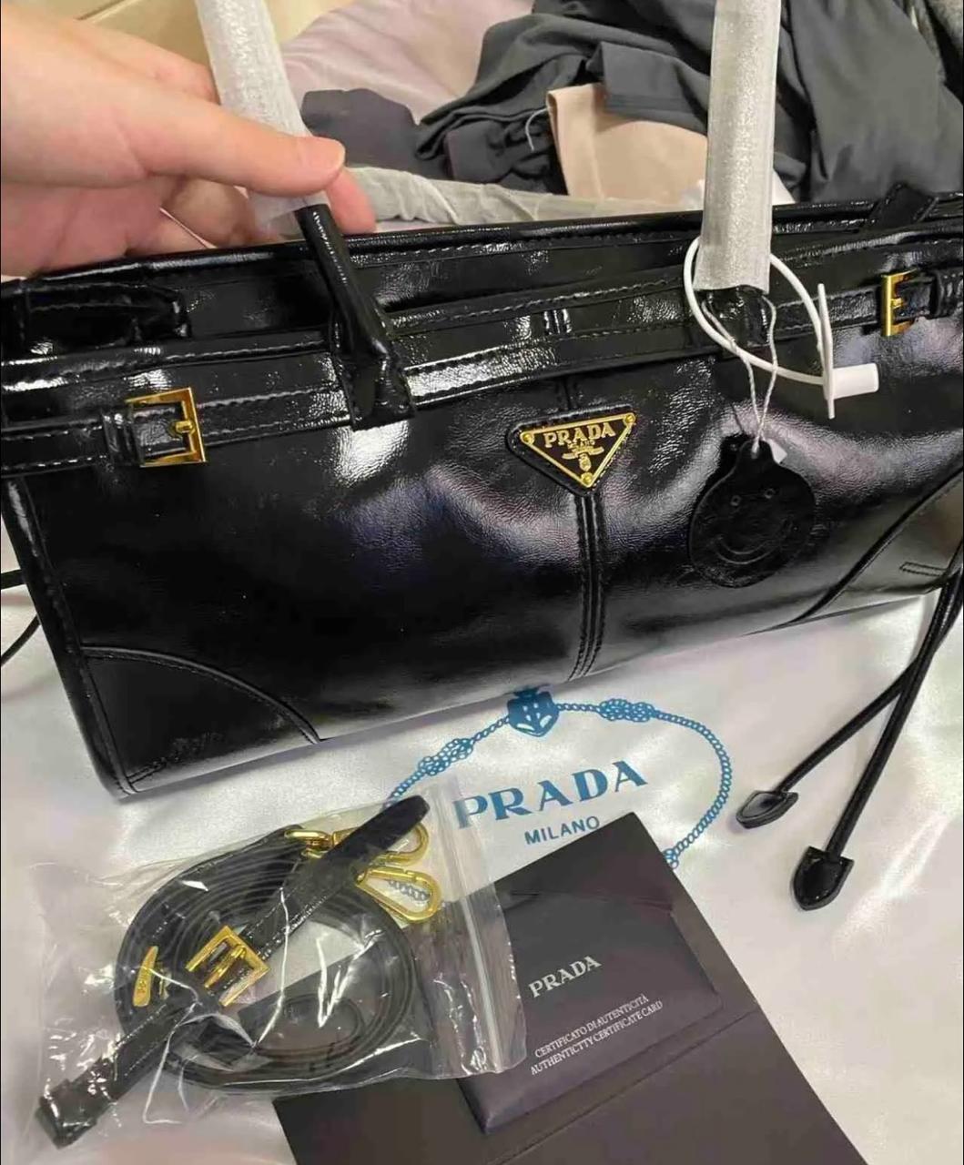 Prada Black Leather Handbag with Top Handles & Shoulder Strap