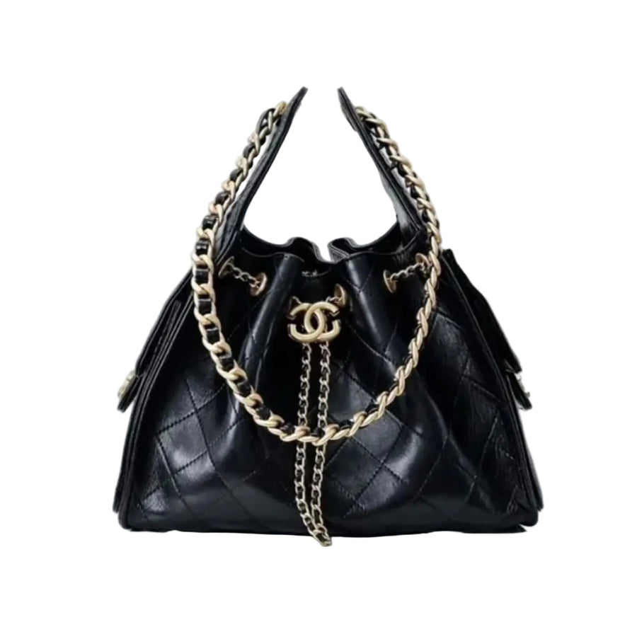 CHANEL Quilted Drawstring Bag with Chain